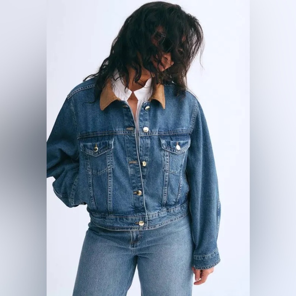 Vintage Studio Ease Petite Denim Jacket with Tan Suede Collar